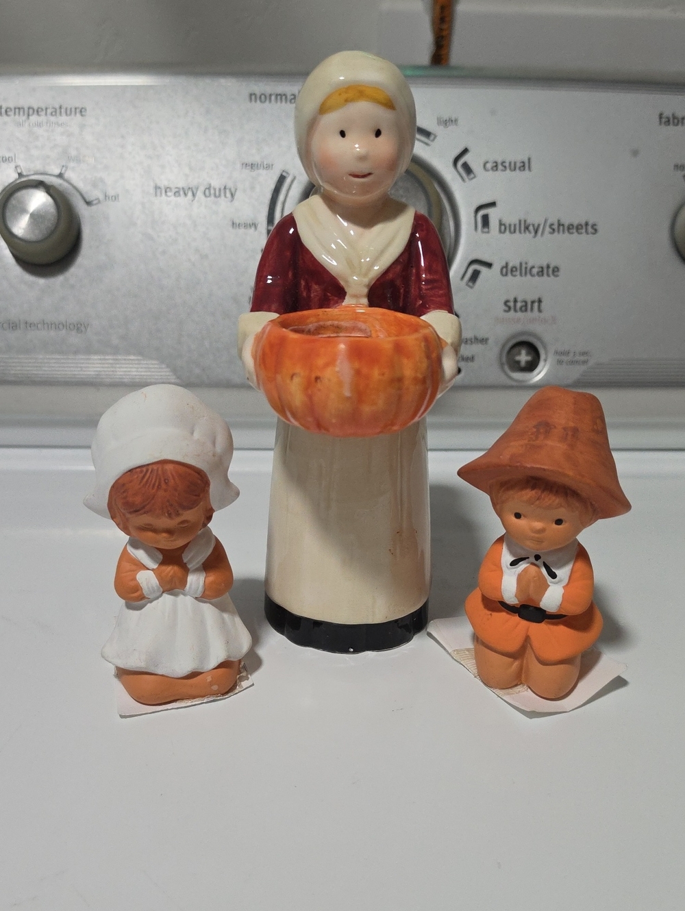 Vintage Ceramic Pilgrim & Children Figurine Set - Cream, Orange, Burgundy